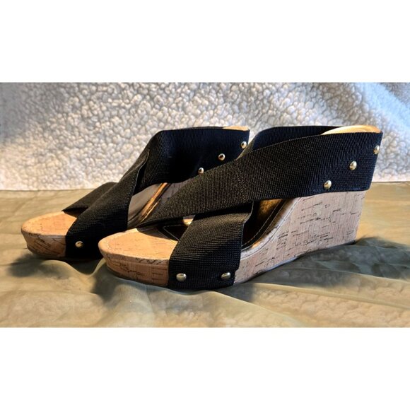 Wedge Heels Sandals Cork Black Cross-Straps Studded Nautic Sz 8 Madden Girl - Picture 1 of 14
